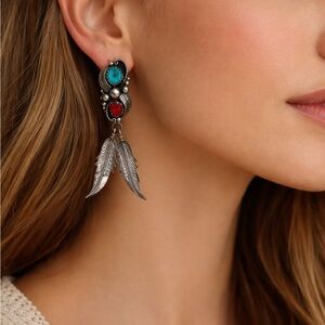 Sterling Silver Feather Drop Earrings with Turquoise and Coral Accents - Navajo